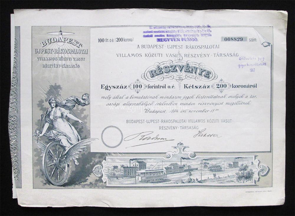 Budapest-�jpest-R�kospalotai Villamos Vas�t r�szv�ny 200 korona 1894